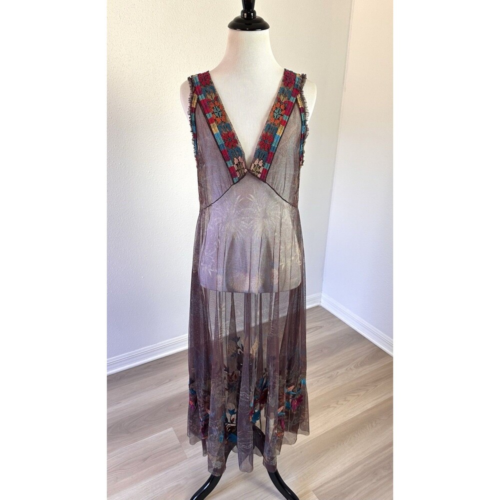 BIYA Johnny Was V Neck Embroidered Nylon Mesh Maxi Dress No Slip 36” Bust - Picture 3 of 16